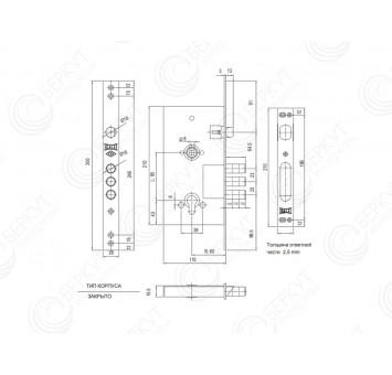 Корпус замка врезного цилиндрового 252/R w/b (никель) схема